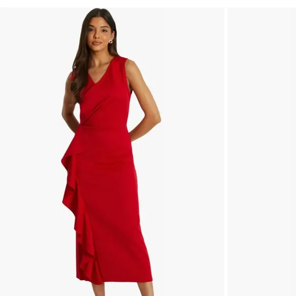 Sleeveless V-Neck Red Ruffle Midi Dress - Picture 1 of 10